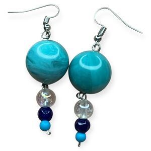 Vintage Style Resin Glass Drop Earrings 2.25" Turquoise Navy Marbled Beaded Boho